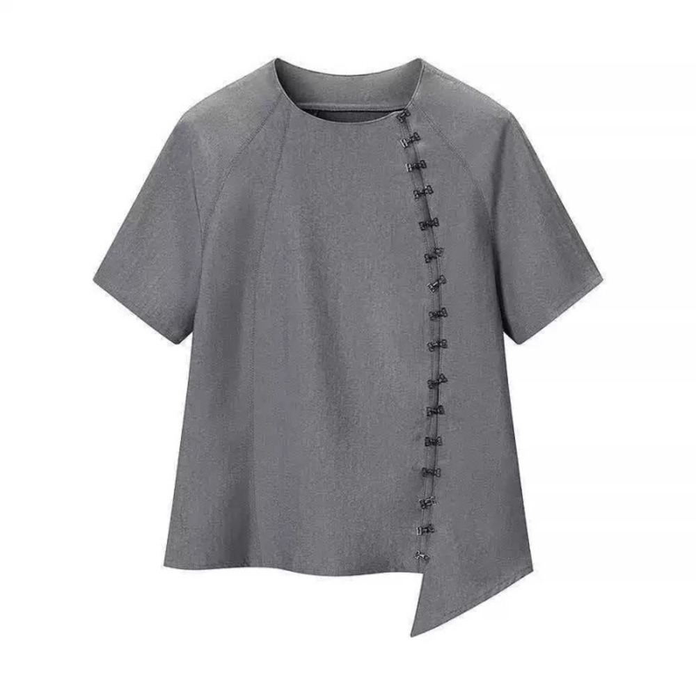 ZARA Versatile Summer Work Gray Short Sleeve Blouse Frog Button Asymmetric Hem
